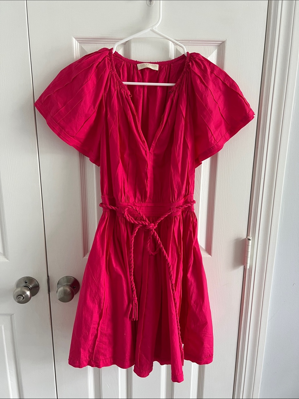 Ulla Johnson Hot Pink V-Neck Tie-Waist Mini Dress